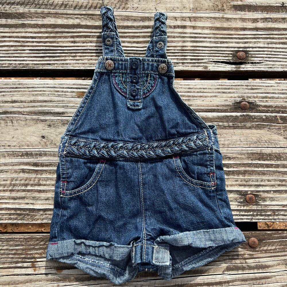 Vintage OshKosh B'Gosh Denim Shortalls Girls 12M Braided Trim Triangle Tag Y2K